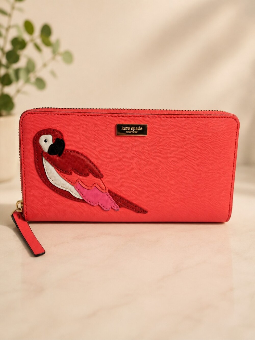Kate Spade Talk The Talk Neda Parrot Saffiano Leather Zip Wallet Coral